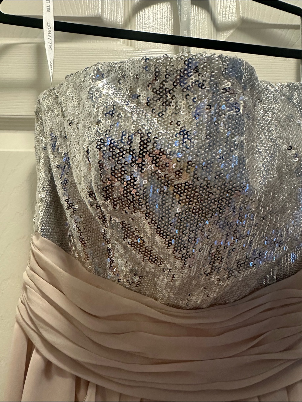 Bill Levkoff Silver Sequin Bodice Strapless Chiffon Dress - Picture 3 of 10